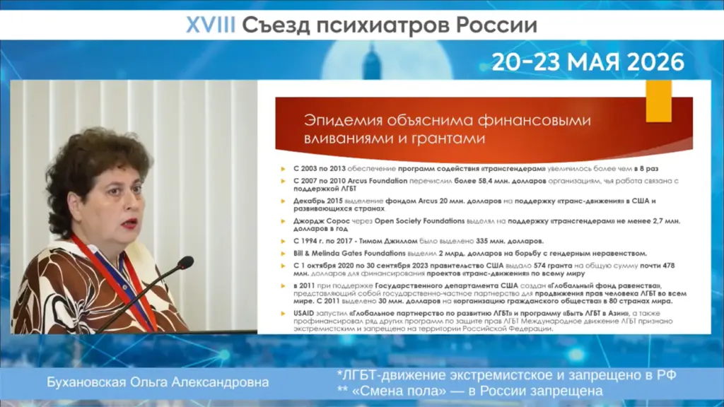 Скриншот видео с выступлением Ольги Бухановской на съезде психиатров в мае 2026 года | rutube.ru